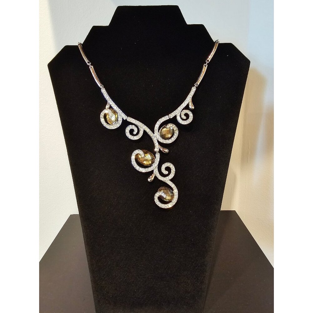 Asymmetrical Celadon Crystal/Rhinestone Filigree Statement Necklace